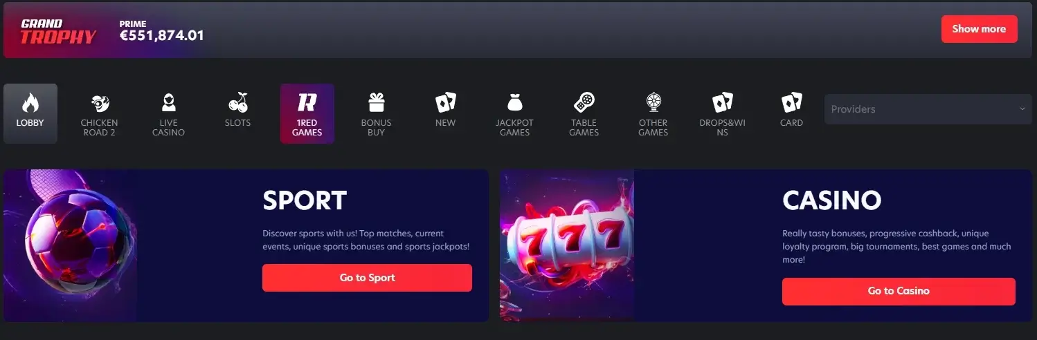 Entertainment categories at One Red Casino