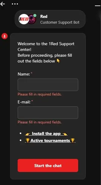 Live chat window on the online casino website