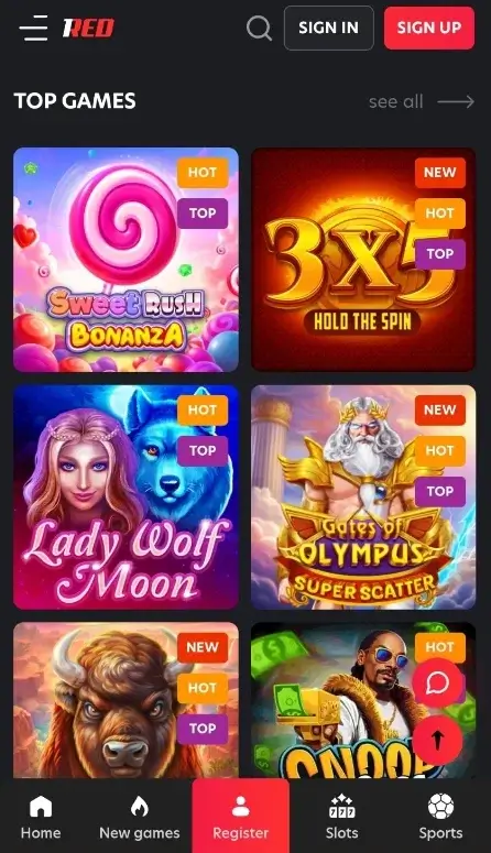Interface of the mobile version of 1red casino